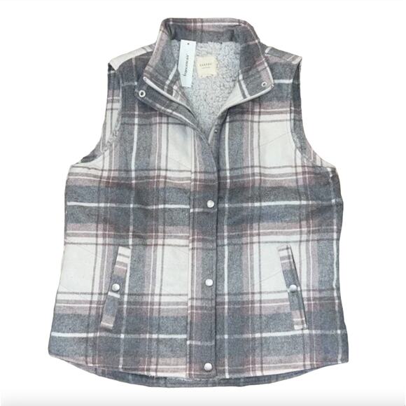 NWT Francesca's Harper Heritage Burgundy/Black Plaid Flannel/Sherpa Vest - Picture 8 of 8